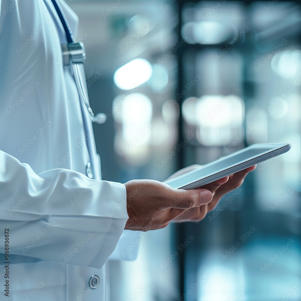 Doctor in white coat using tablet in modern hospital, representing digital healthcare and innovative medical technology. Doctor in white coat using tablet in modern hospital, representing digital healthcare and innovative medical technology.