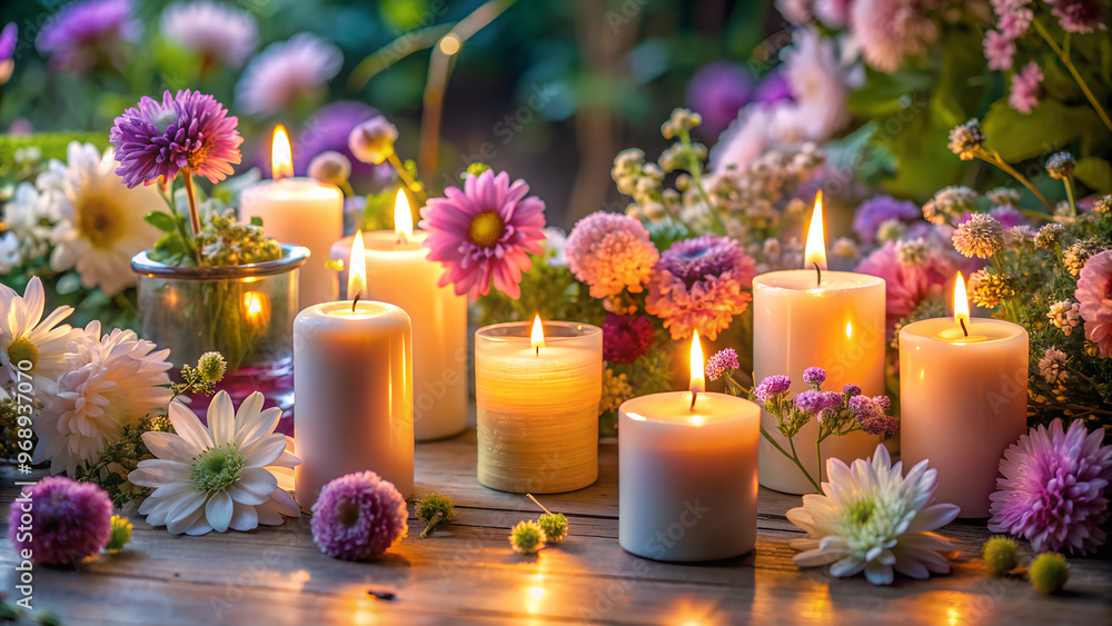 Calm and Relaxing Atmosphere with Flowers and Candles for Spa and Massage Calm and Relaxing Atmosphere with Flowers and Candles for Spa and Massage