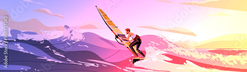 Windsurfer riding waves at sunset with vibrant colors dynamic water splashes and scenic background