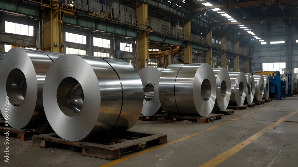 Rows of large metal rolls in an industrial warehouse facility, emphasizing the scale and precision of metal production and storage, integral to industries like construction, automotive, and manufactur Rows of large metal rolls in an industrial warehouse facility, emphasizing the scale and precision of metal production and storage, integral to industries like construction, automotive, and manufactur