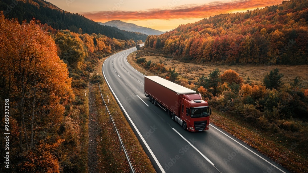 A red truck travels along a winding road surrounded by autumn foliage, showcasing the beauty of nature and transport. A red truck travels along a winding road surrounded by autumn foliage, showcasing the beauty of nature and transport.