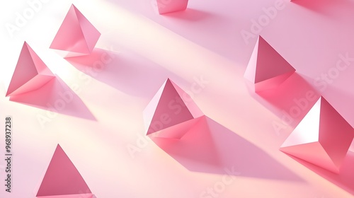 Floating pink tetrahedrons casting long shadows on a soft pink background photo