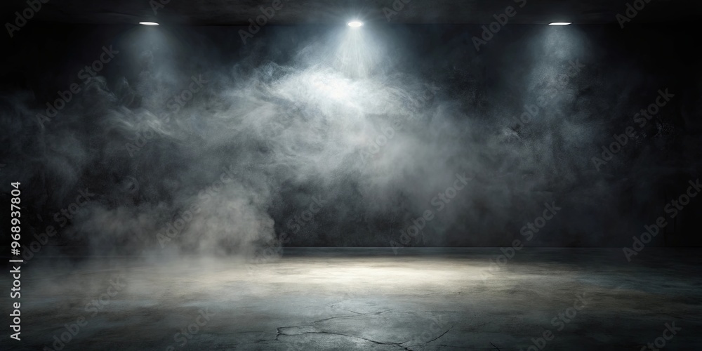Abstract dark studio with spot lighting, smoke, and concrete floor Abstract dark studio with spot lighting, smoke, and concrete floor