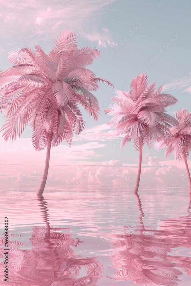 Naklejka premium Pink Palm Trees Reflecting in Water
