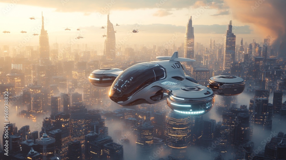 Autonomous AI-Driven Aircraft in Urban Transport: Flying cars or air taxis autonomously navigating a futuristic city skyline. Autonomous AI-Driven Aircraft in Urban Transport: Flying cars or air taxis autonomously navigating a futuristic city skyline.