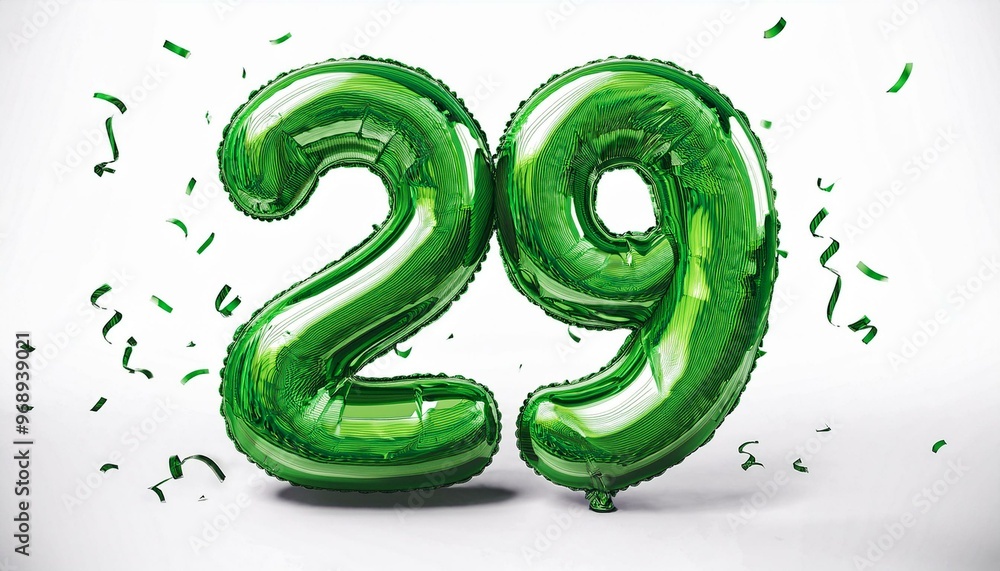 Green birthday / anniversary balloon, number 29, white background with confetti Green birthday / anniversary balloon, number 29, white background with confetti