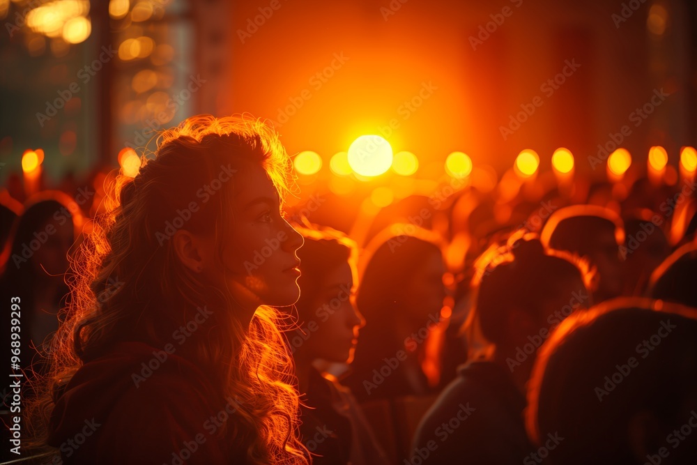 A young woman gazes thoughtfully at the sunset while attending a candlelight gathering in the evening outdoors A young woman gazes thoughtfully at the sunset while attending a candlelight gathering in the evening outdoors