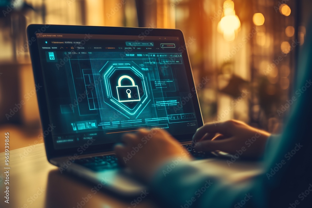 Hands Typing on Laptop with Cybersecurity Lock Screen Display Hands Typing on Laptop with Cybersecurity Lock Screen Display