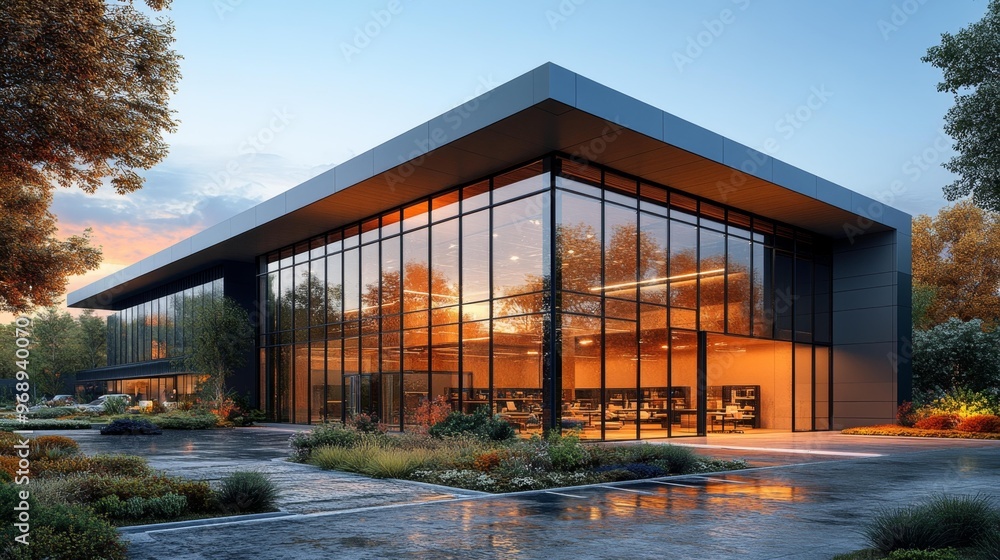 Fototapeta premium Modern glass building at sunset Generative AI