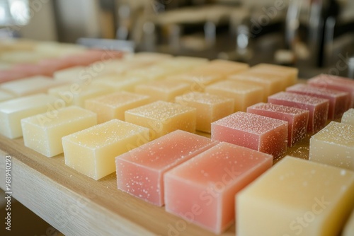 Assorted Handmade Soap Bars on a Wooden Counter photo