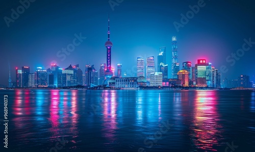 View of Shanghai skyline at night, view of the financial district along the Huangpu River, China. photo