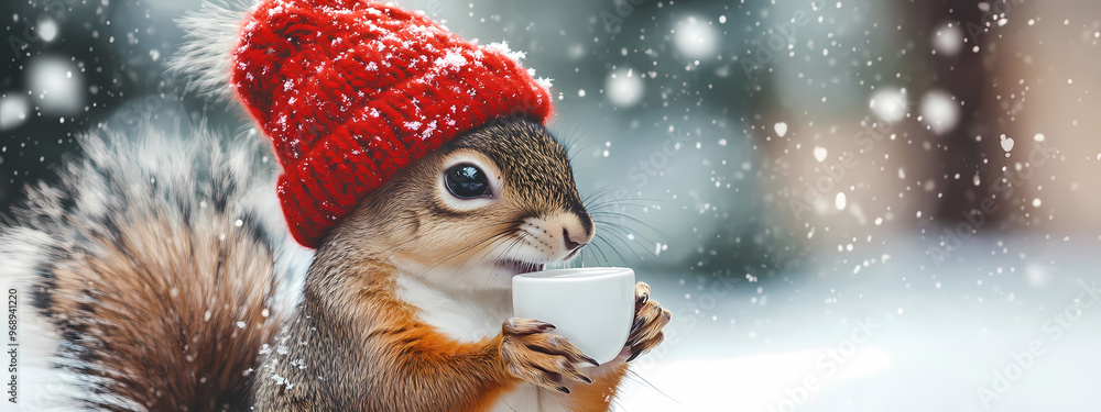 Winter Squirrel with a Hot Drink Winter Squirrel with a Hot Drink