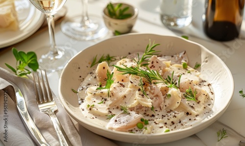 Vitello tonnato with cutlery on a white table photo