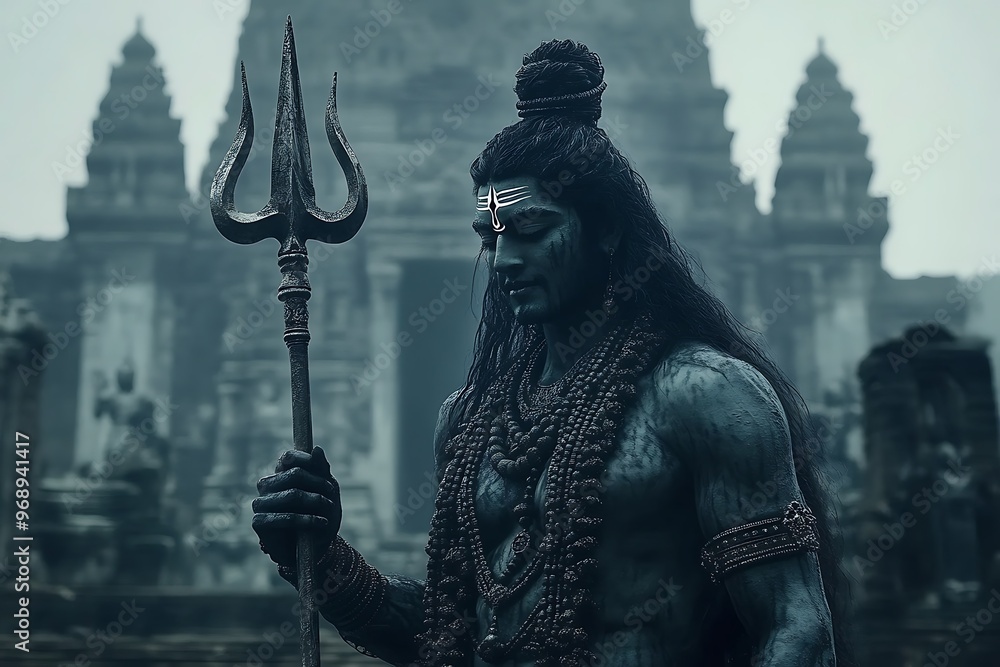 Obraz premium Shiva, the Destroyer, with his trident in a temple setting.