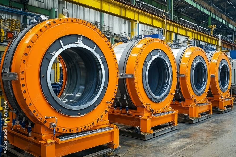 Large Industrial Orange Cylinders in a Factory Large Industrial Orange Cylinders in a Factory