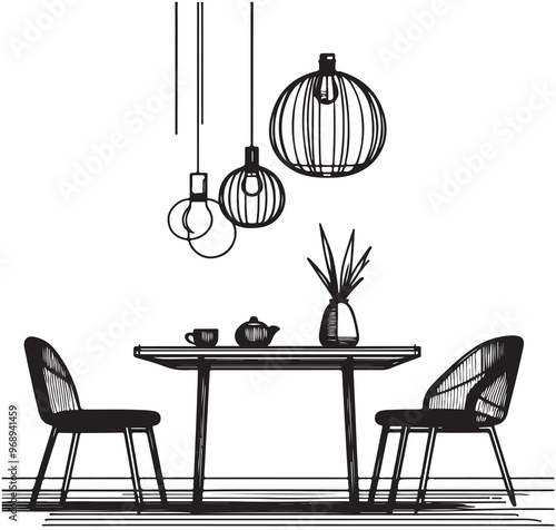 Tables outline, silhouette sketch, front view, room