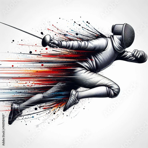 Fencing athlete in dynamic motion with explosive colorful splashes

