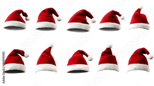 Set collection of isolated santa claus christmas hats on transparent background