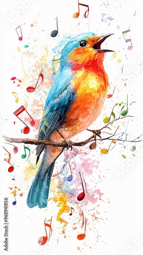 An orange and blue bird is perched on a branch, singing joyfully amidst colorful, abstract musical notes, showcasing a festive and lively atmosphere. photo