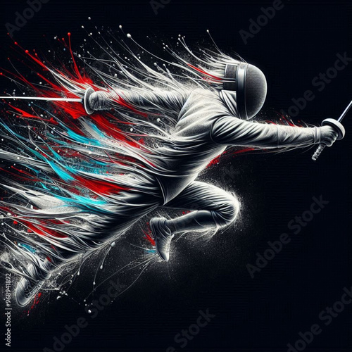 Fencing athlete in dynamic motion with explosive colorful splashes

