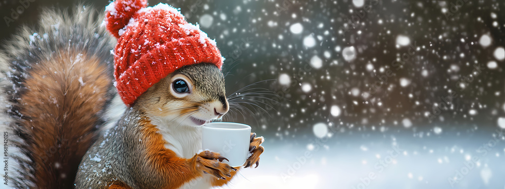 Winter Squirrel with a Hot Drink Winter Squirrel with a Hot Drink