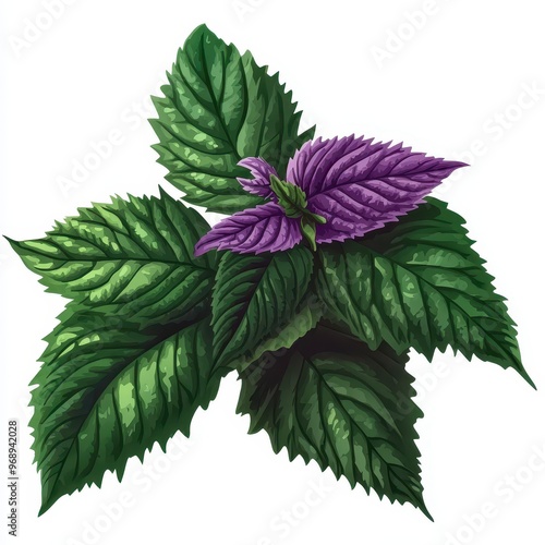 Vibrant green leaves with purple accents, showcasing the beauty of nature's diversity in botanical art. photo