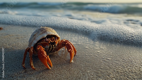 A close-up of a hermit crab on a sandy beach, with the ocean waves in the background.