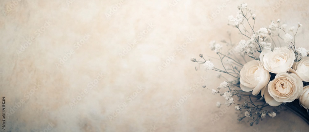 Obraz premium Delicate arrangement of white roses and baby�s breath on a soft textured background.