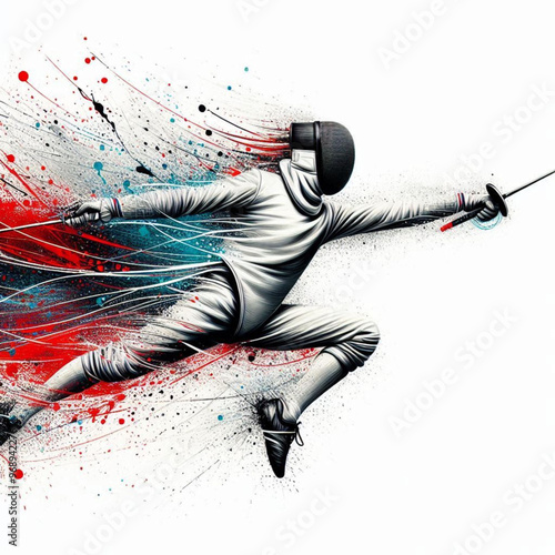 Fencing athlete in dynamic motion with explosive colorful splashes

