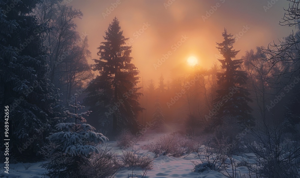 Snow and fog in forest at sunrise Snow and fog in forest at sunrise