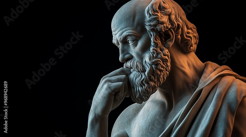 Pensive Philosopher Statue Deep in Thought Against Black Background