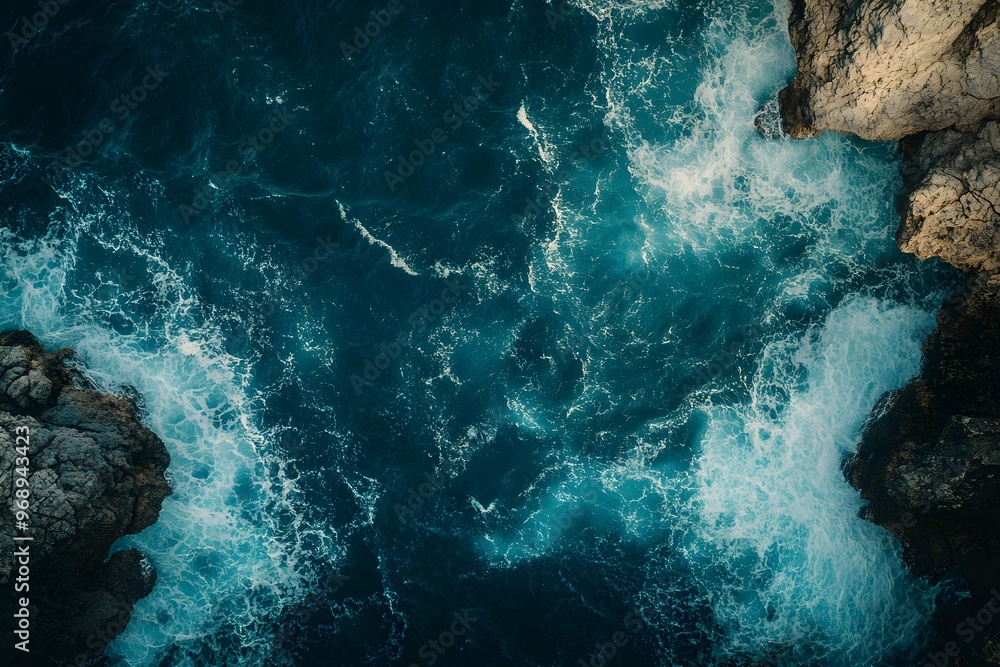 Fototapeta premium Rough waves crash against the rocks on the shore, creating foam and spray.