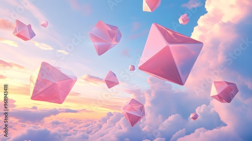 Abstract design with multiple pink tetrahedrons floating in a pastel sky photo