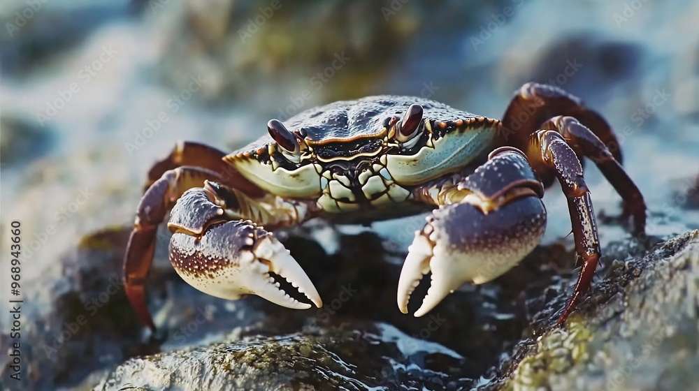 A close-up of a crab on a rocky shore, its claws extended, looking directly at the camera. A close-up of a crab on a rocky shore, its claws extended, looking directly at the camera.