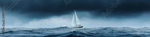 A small sailboat is in the middle of a rough sea. The sky is dark and cloudy, and the waves are crashing against the boat. Scene is tense and dramatic