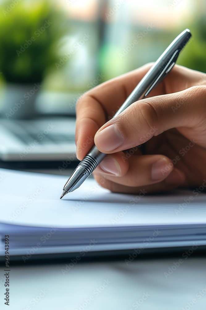 Writing in Notebook with Silver Pen on Desk Near Window Writing in Notebook with Silver Pen on Desk Near Window