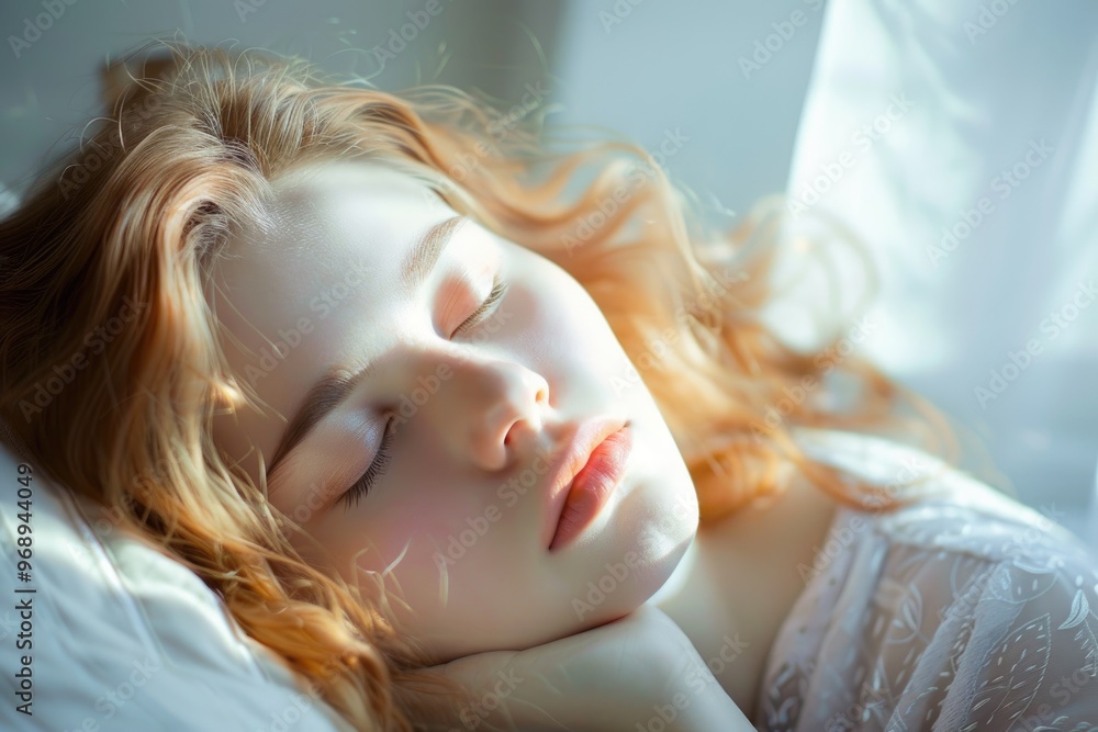 Peaceful Young Woman Sleeping on Silky Bed with Soft Lighting and Natural Makeup Peaceful Young Woman Sleeping on Silky Bed with Soft Lighting and Natural Makeup