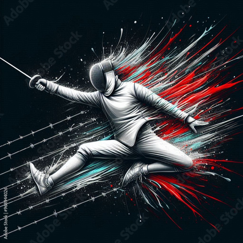 Fencing athlete in dynamic motion with explosive colorful splashes

