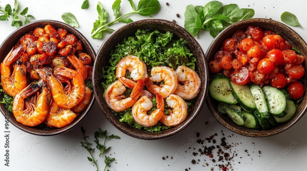 Three Bowls of Shrimp and Fresh Vegetables Generative AI Three Bowls of Shrimp and Fresh Vegetables Generative AI