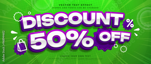Discount 50 percent text effect on green color background, special offer vector graphic style
