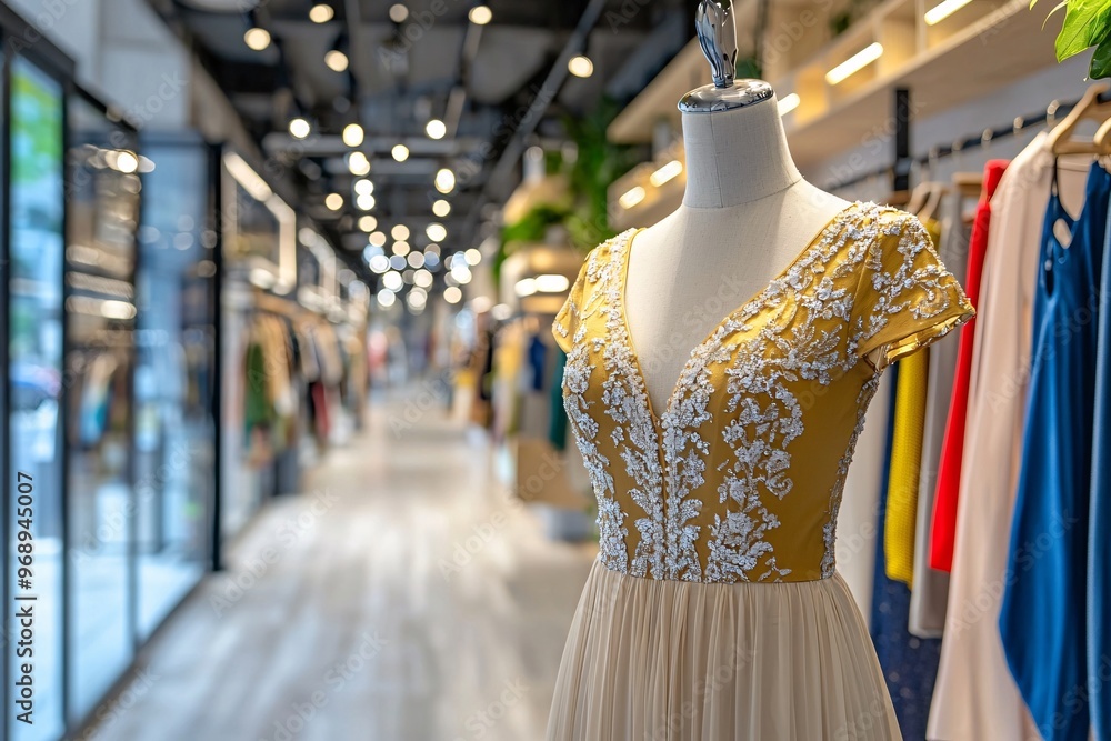Fototapeta premium Elegant Yellow Dress on a Mannequin in a Boutique.