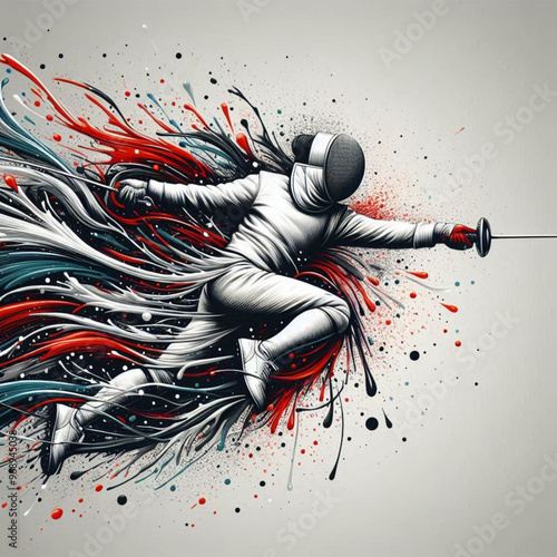 Fencing athlete in dynamic motion with explosive colorful splashes

