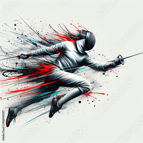 Fencing athlete in dynamic motion with explosive colorful splashes

