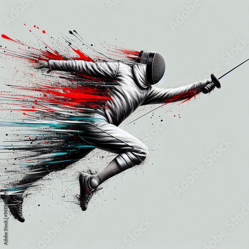 Fencing athlete in dynamic motion with explosive colorful splashes

