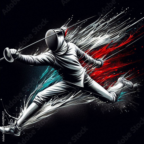 Fencing athlete in dynamic motion with explosive colorful splashes

