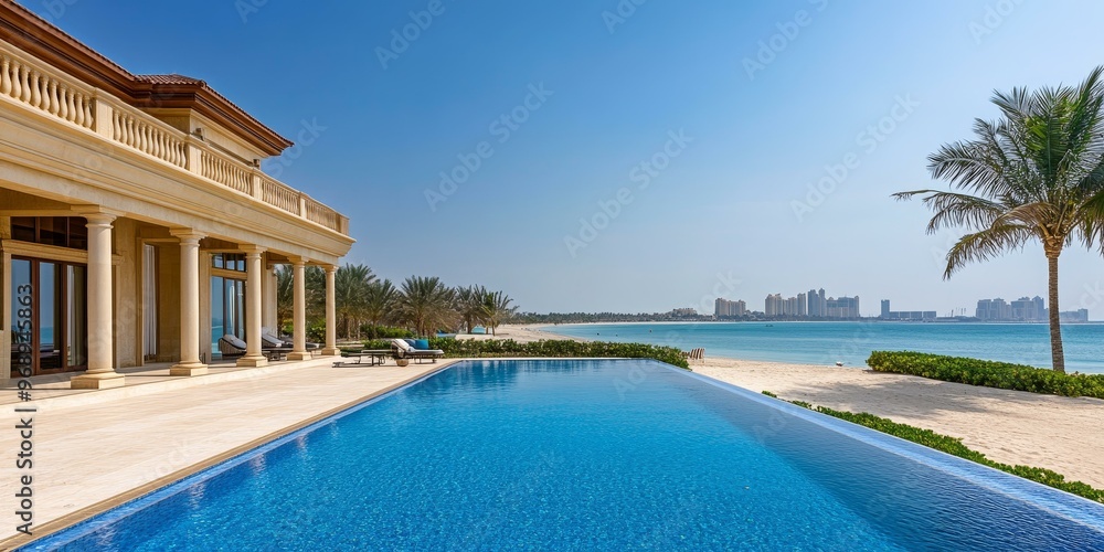 Fototapeta premium Luxurious villa with pool overlooking ocean and cityscape.