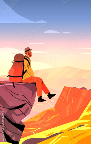 Hiker with backpack sitting on cliff edge overlooking canyon at sunset colorful landscape adventure travel outdoor activity