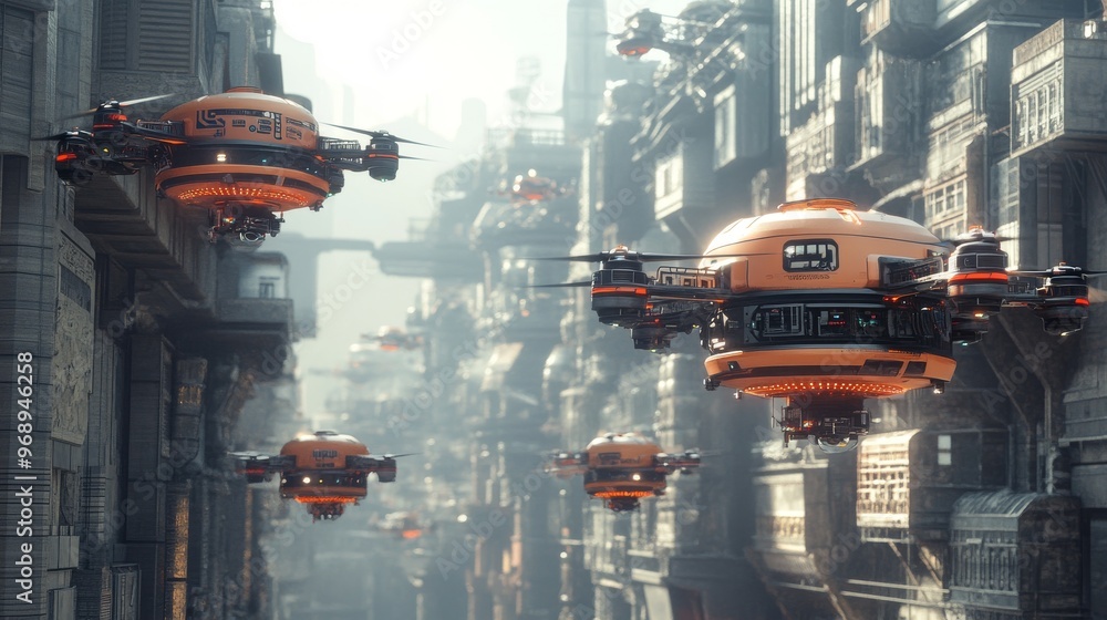 Autonomous AI-driven delivery drones managing urban logistics: Drones transporting goods between warehouses and retail stores in a futuristic city. Autonomous AI-driven delivery drones managing urban logistics: Drones transporting goods between warehouses and retail stores in a futuristic city.
