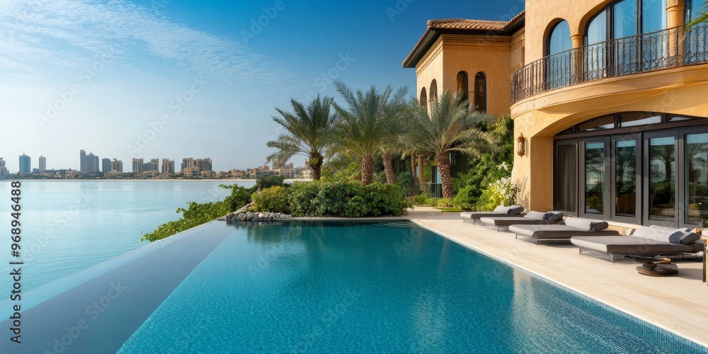 Luxury villa pool overlooking cityscape. Luxury villa pool overlooking cityscape.