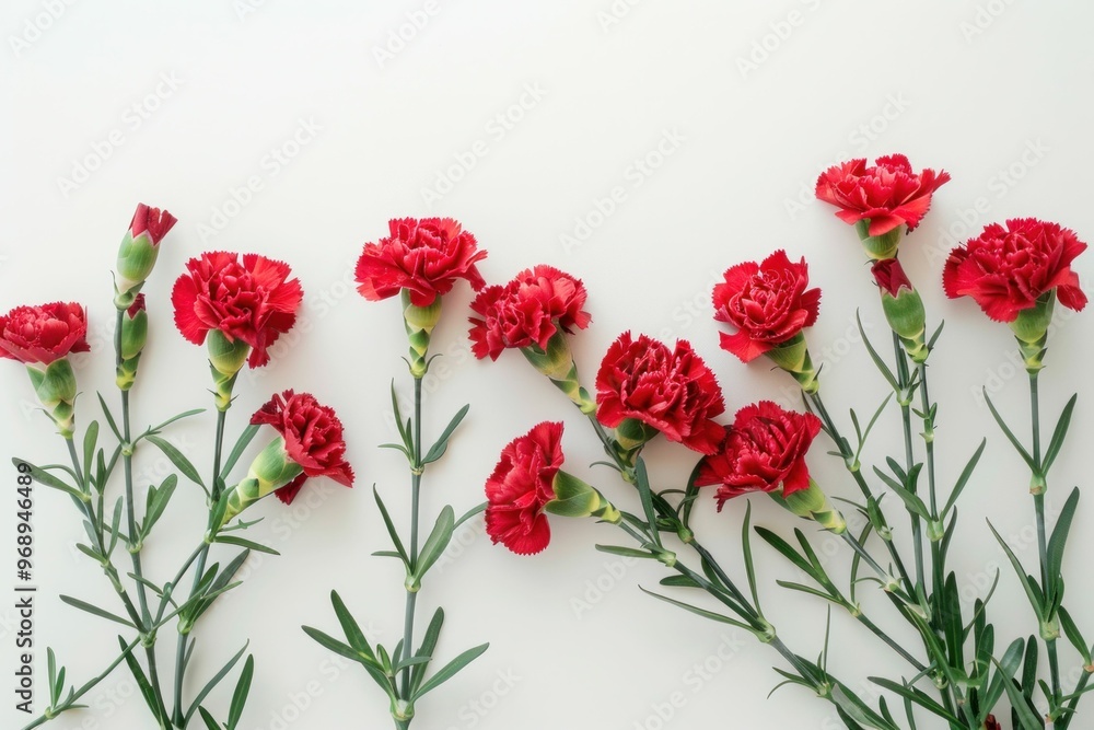 Red carnations arranged on a light background, showcasing their vibrant color and delicate petals Perfect for floral designs and summer themes Red carnations arranged on a light background, showcasing their vibrant color and delicate petals Perfect for floral designs and summer themes